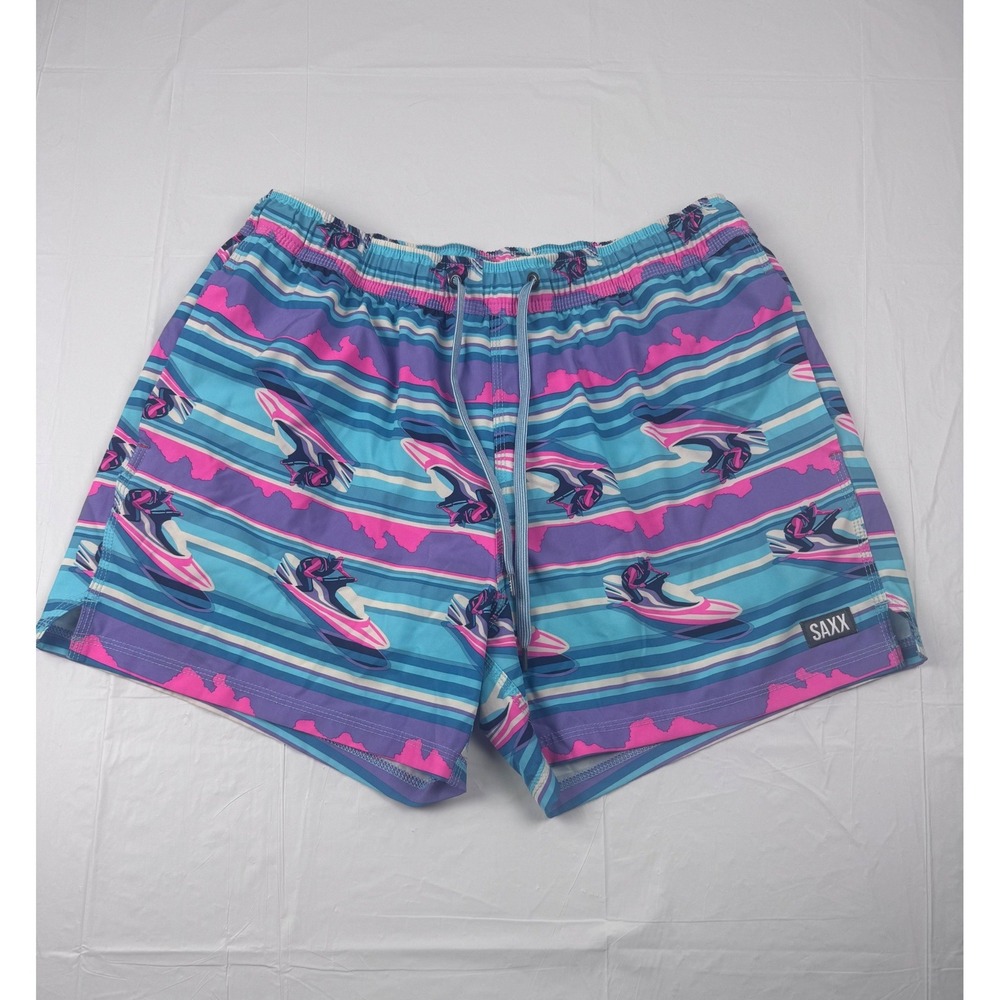 SAXX Oh Buoy 2N1 Swim Shorts Mens Large Blue Purple Jet Ski BallPark Pouch 5 In